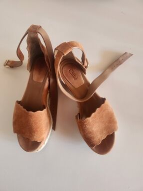 See By Chloe Tan Suede Scalloped Espadrille Wedge Sandals